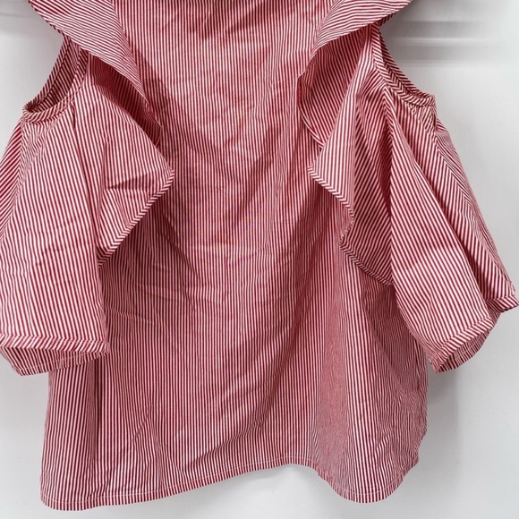 Club Monaco Hamisi Ruffle Stripe Cold Shoulder Top Red White XS - Picture 6 of 13